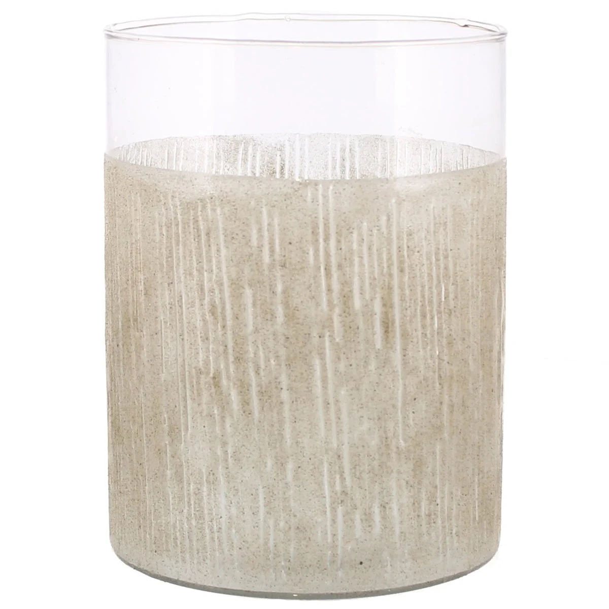 Benzara Modern Style Glass Hurricane with Sand Enamel Design, Beige