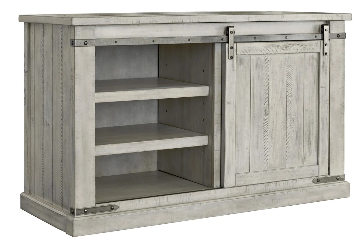 Benzara 50 Inch Wooden TV Stand with Barn Sliding Door and 4 Shelves, White