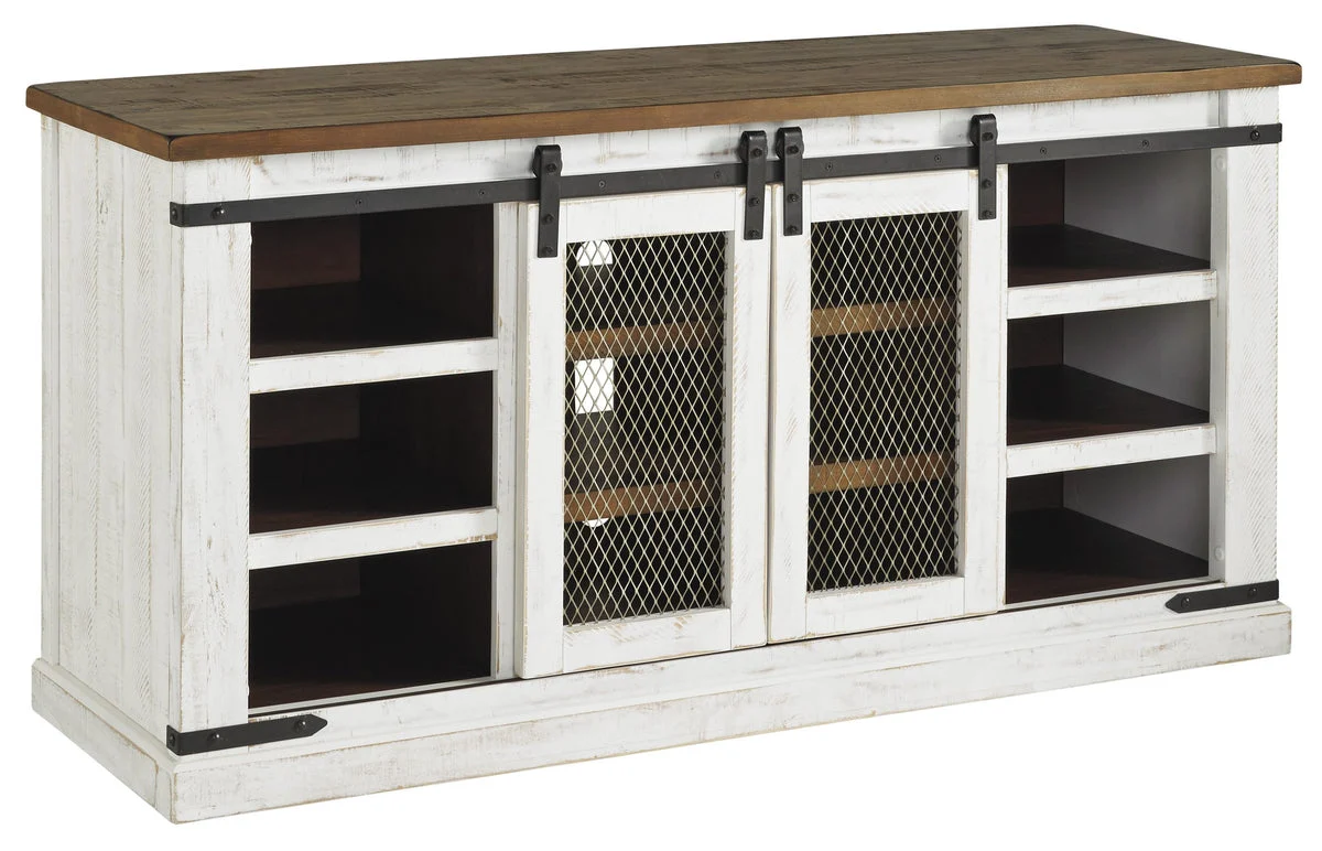 Benzara 60 Inch 6 Shelf Wooden TV Stand with 2 Barn Sliding Doors, Brown and White