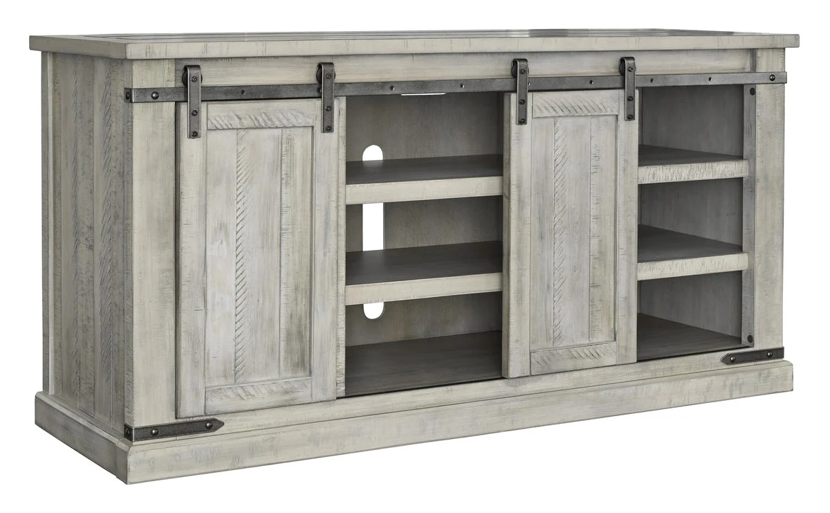 Benzara 60 Inch Wooden TV Stand with 2 Barn Sliding Doors and 6 Shelves, White
