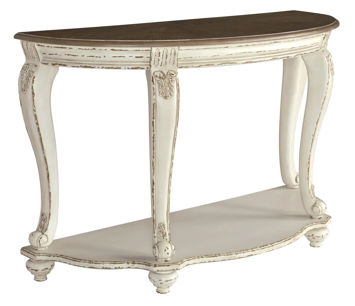 Benzara Crescent Moon Wooden Sofa Table with Engraved Details, Brown and White