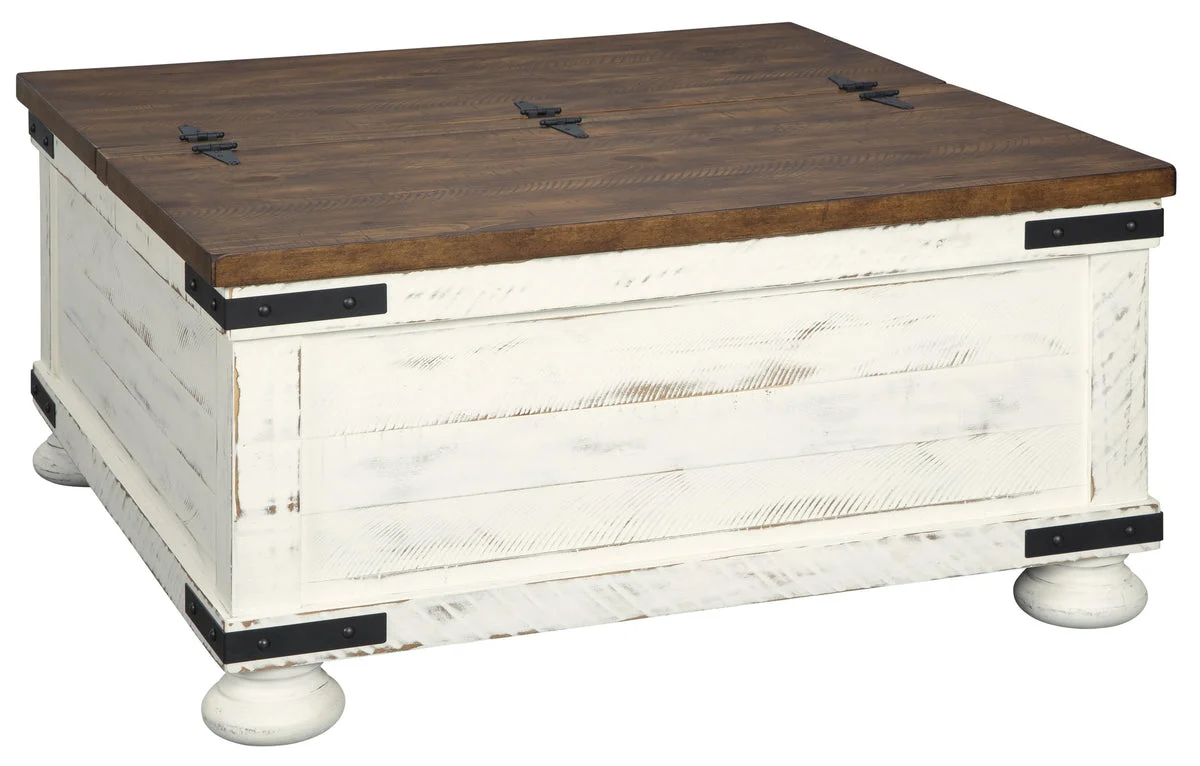Benzara Farmhouse Two Tone Cocktail Table with Lift Top Storage, Brown and White