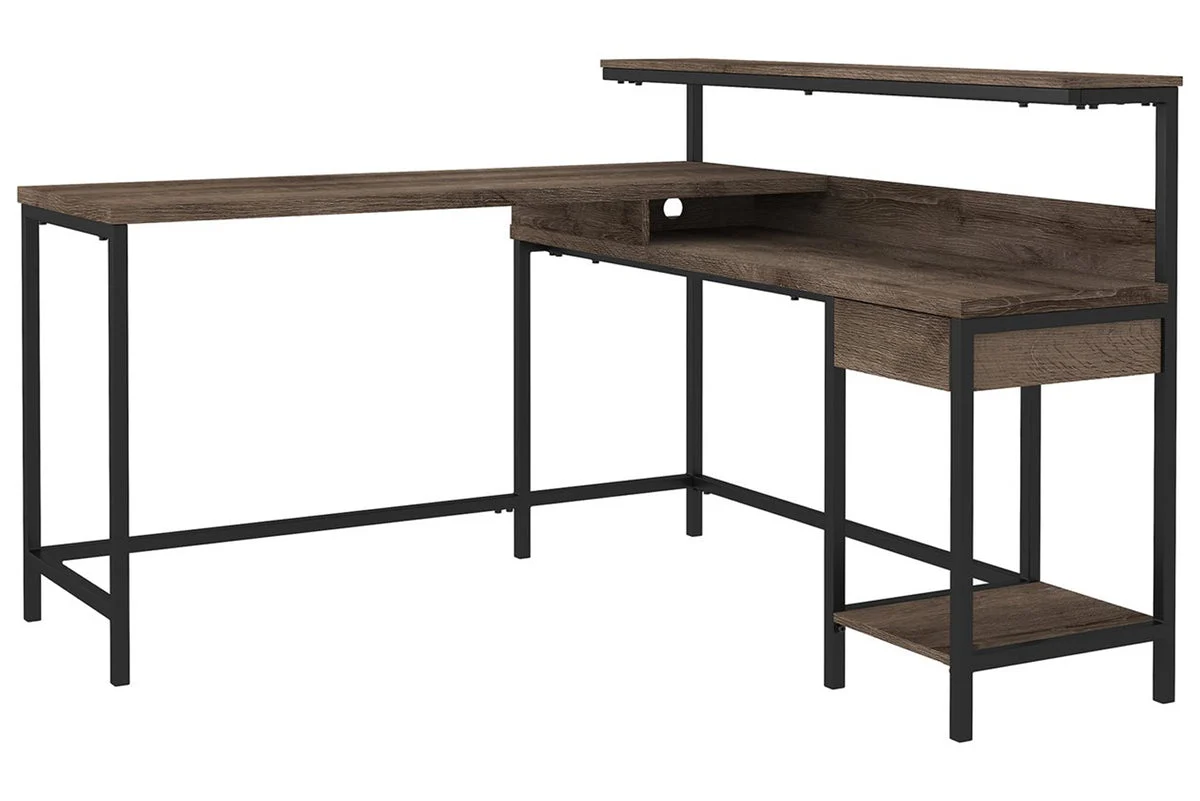 Benzara L Shaped Wooden Writing Desk with 1 Drawer and Bottom Shelf,Brown and Black