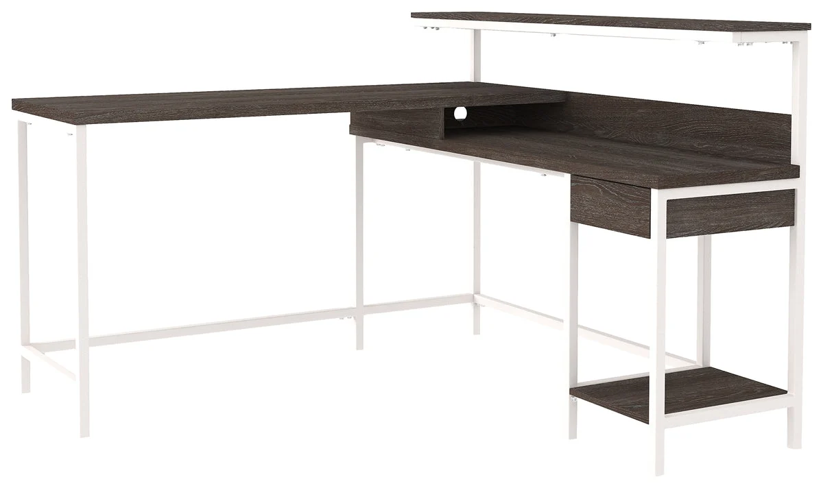 Benzara L Shaped Wooden Writing Desk with 1 Drawer and Bottom shelf,Gray and White