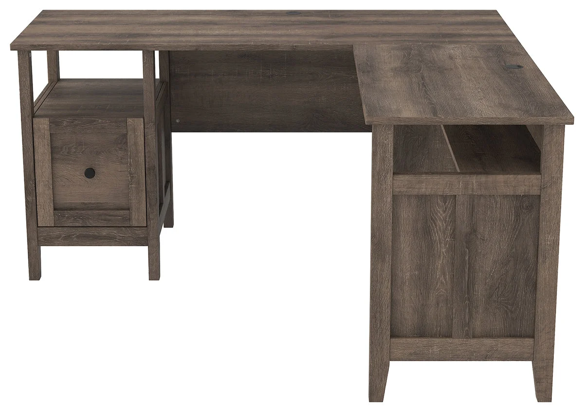 Benzara L Shaped Wooden Writing Desk with 1 File Drawer and Bottom Shelf, Brown
