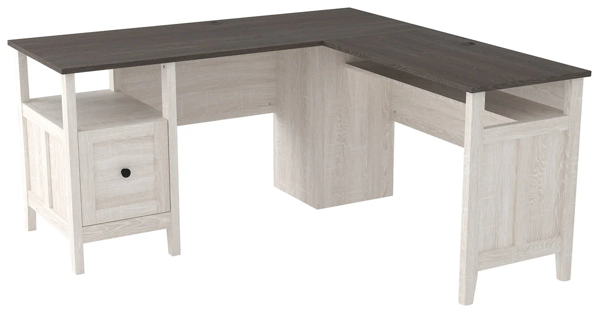 Benzara L Shaped Writing Desk with File Drawer and Bottom Shelf, Gray and White