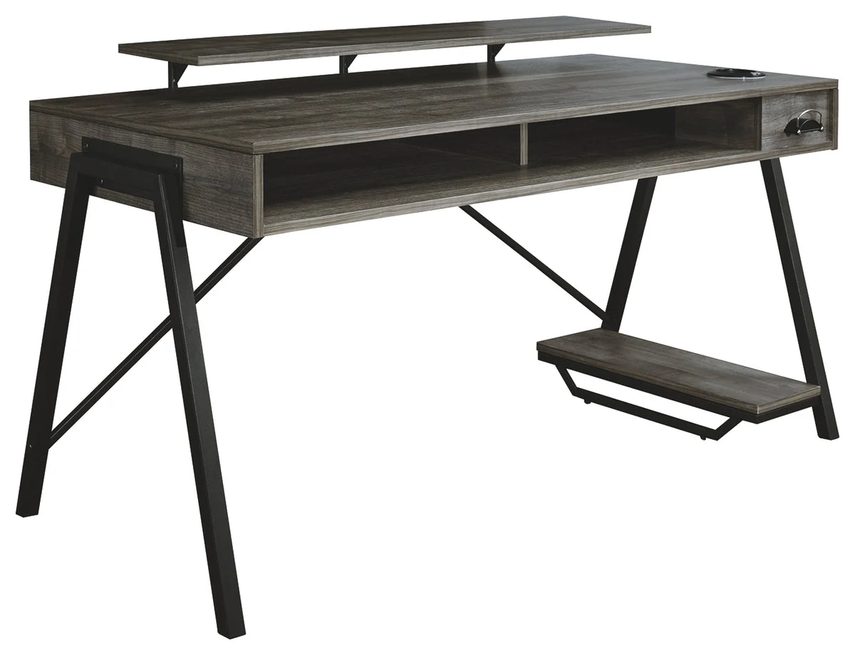 Benzara LED Back Light Wooden Gaming Desk with Can Cooler and USB Port, Taupe Gray
