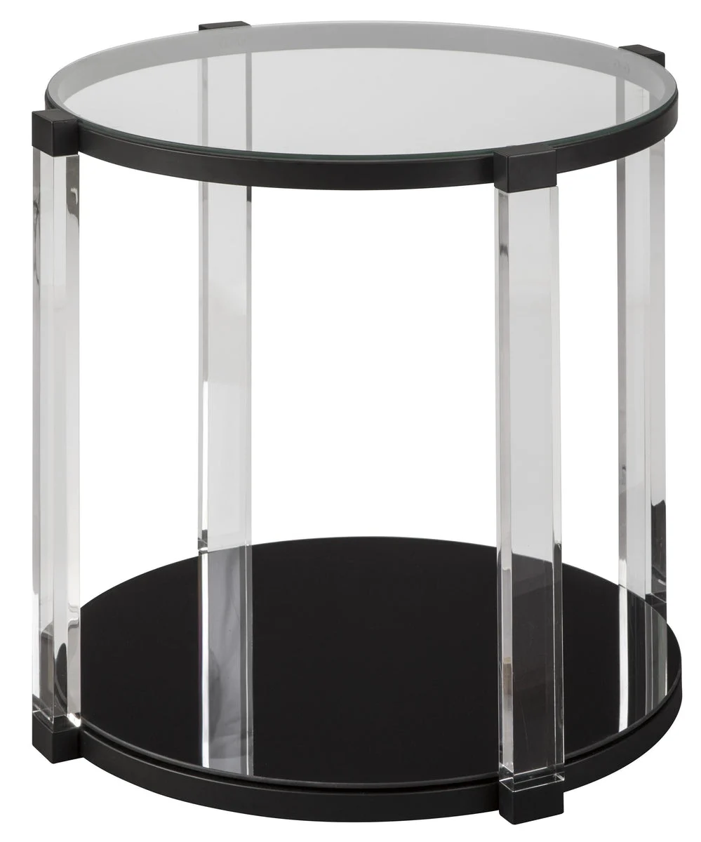 Benzara Round Tempered Glass Top End Table with Open Shelf, Black and Clear
