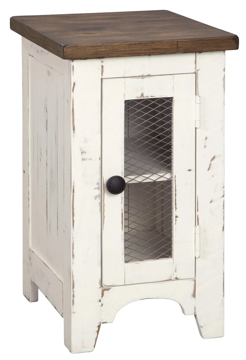 Benzara Two Tone Chair Side End Table with Wire Metal Grill Cabinet,Brown and White