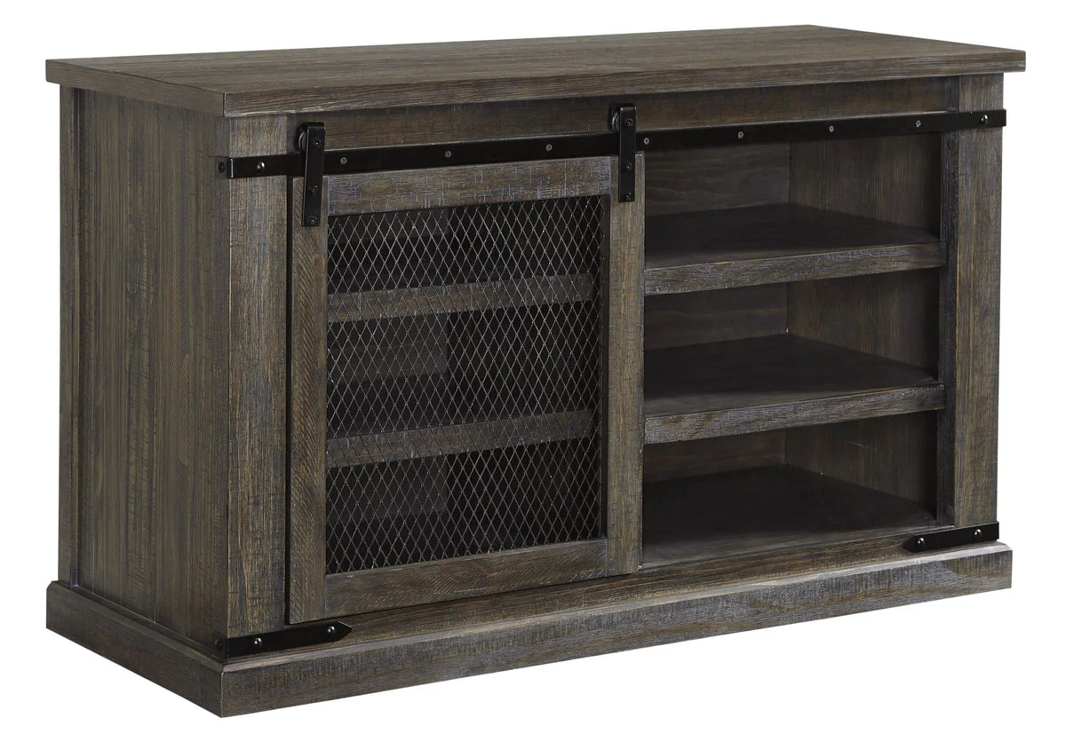 Benzara Wooden TV Stand with Barn Sliding Door and 4 Shelves, Medium, Brown