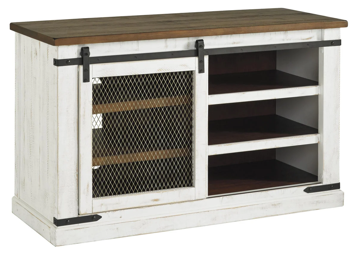 Benzara Wooden TV Stand with Barn Sliding Door and 4 Shelves,Medium,Brown and White