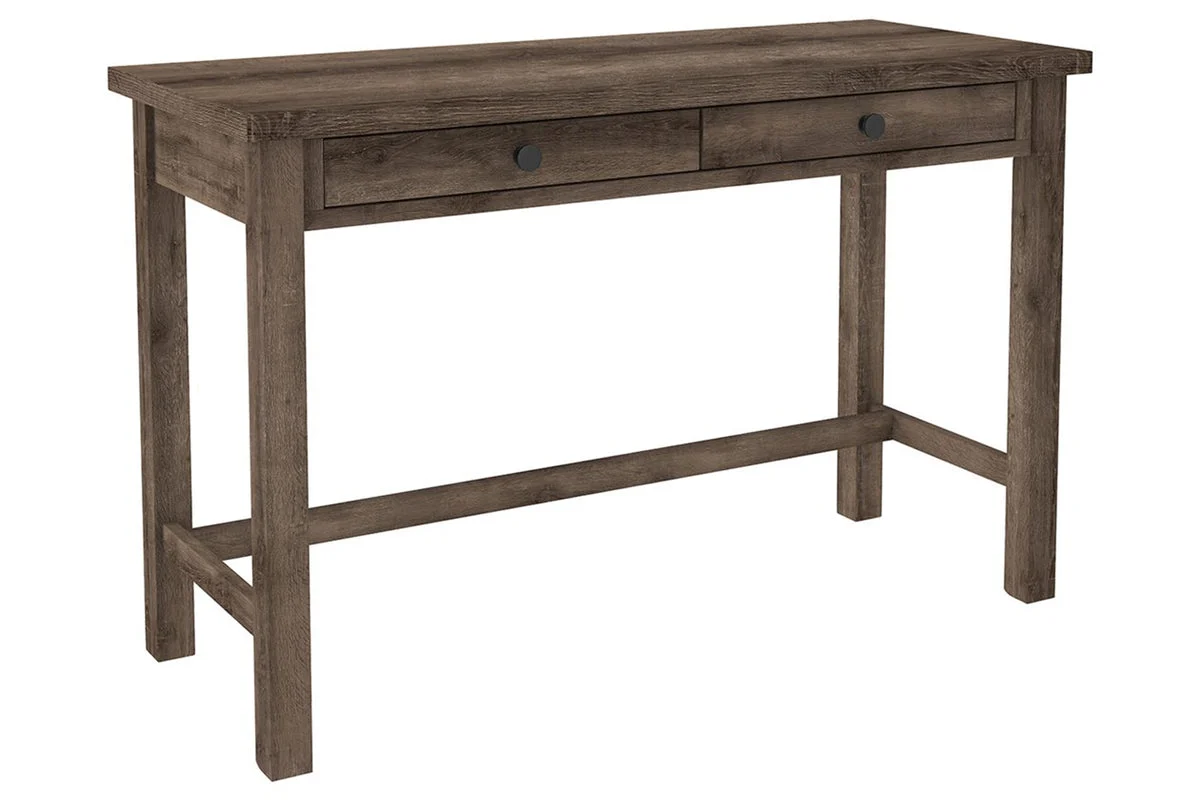 Benzara Wooden Writing Desk with Block Legs and 2 Storage Drawers, Brown