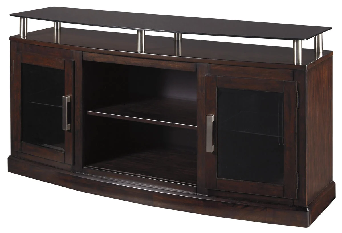 Benzara Wooden TV Stand with 2 Doors and Raised Glass Top, Medium, Brown