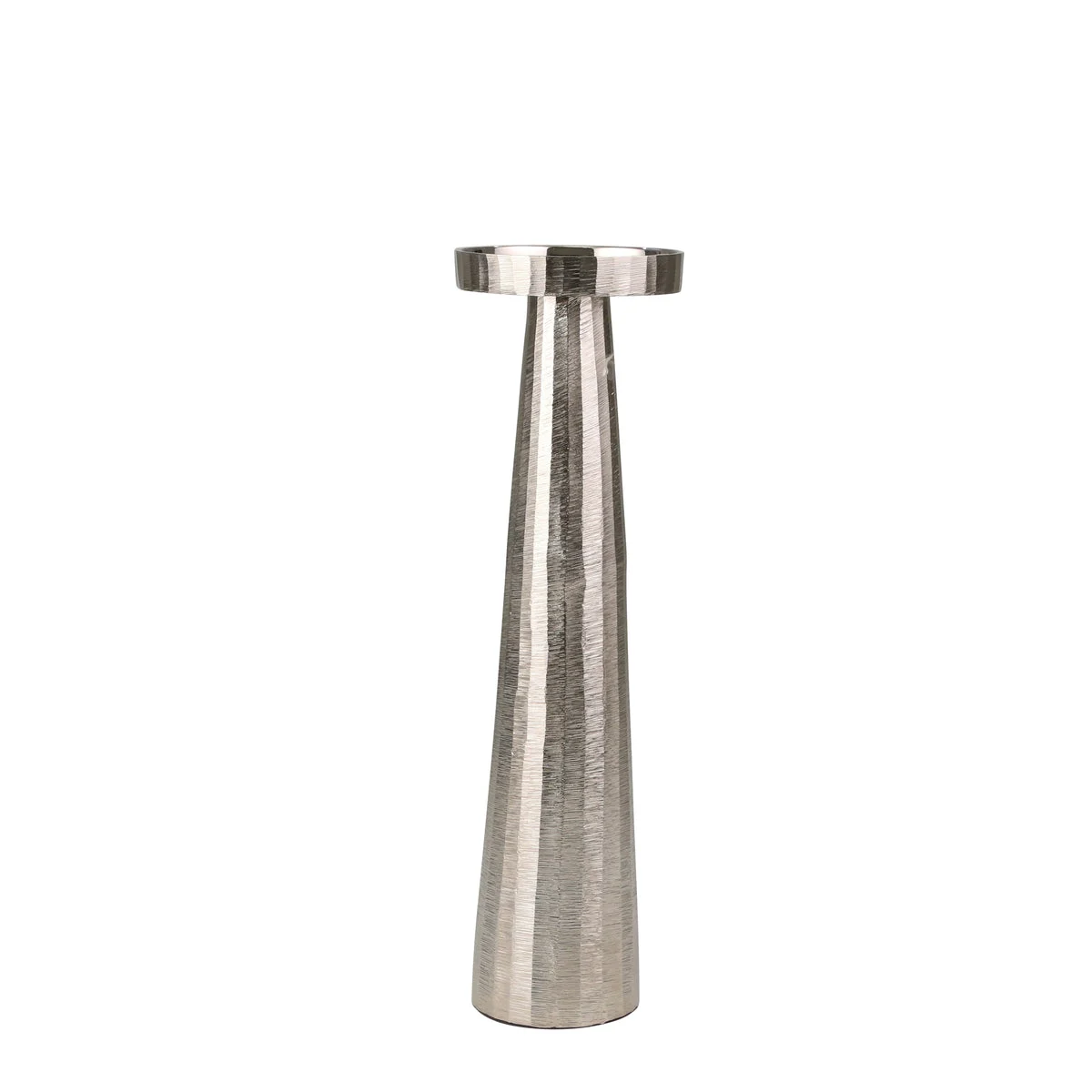 Benzara 19 Inch Aluminum Pillar Type Candle Holder with Round Tray Top, Silver