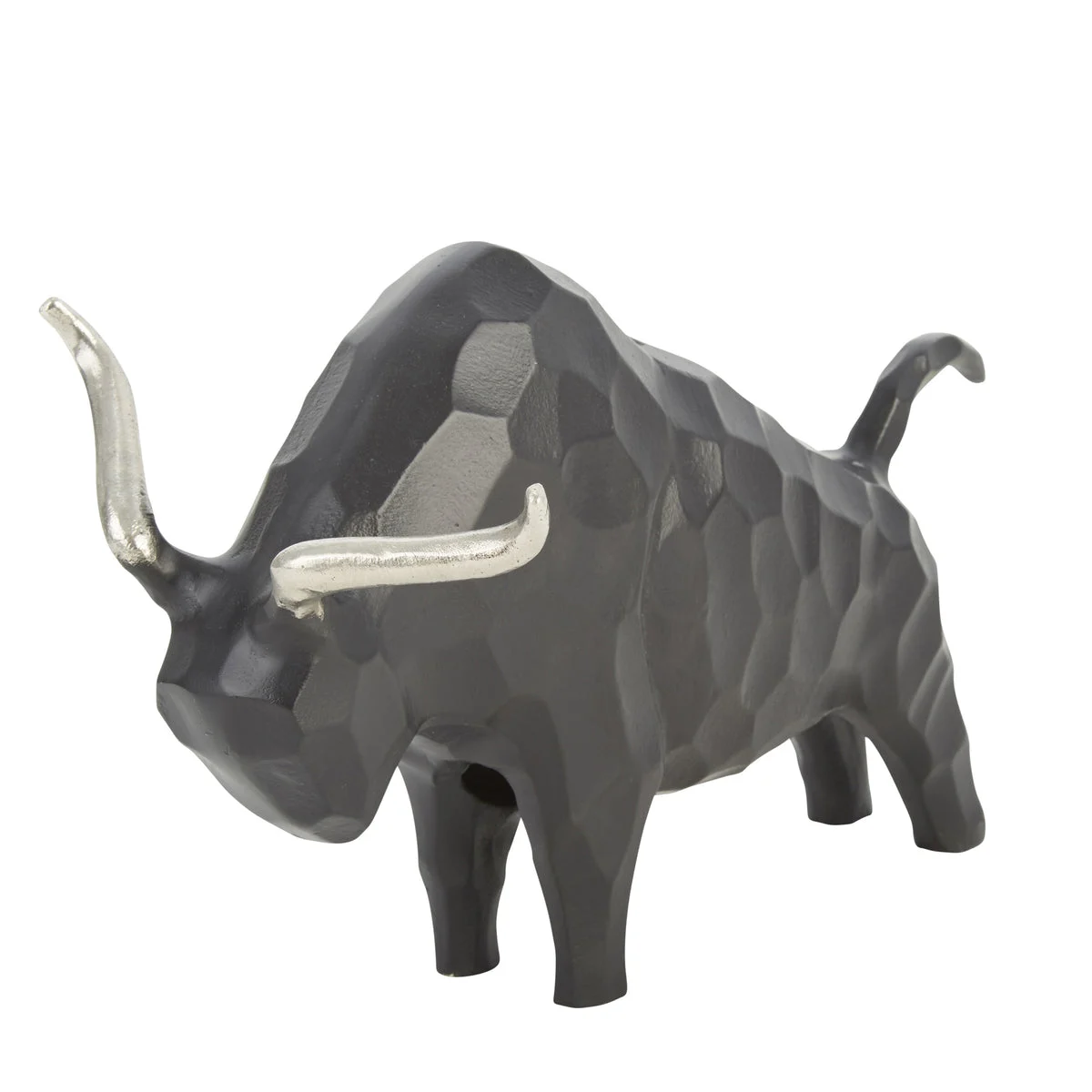 Benzara 16 Inch Aluminium Bull Accent Decor with Geometric Texture, Gray
