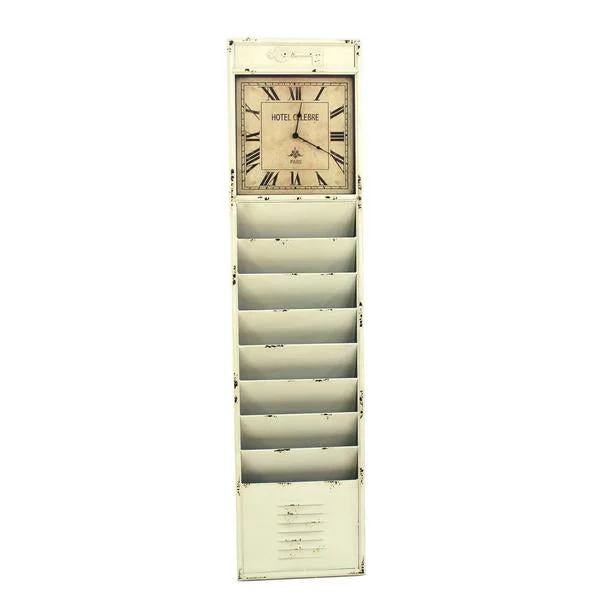 Benzara Antique Rustic Style Clock Design Wall Organizer with 6 Slots, White