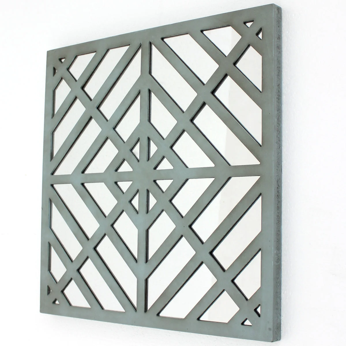 Benzara Contemporary Mirrored Wall Decor with Geometric Overlay on Top, Blue and Silver