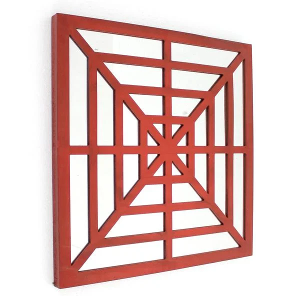 Benzara Wooden Wall Decor with Concentric Square Design on Top, Red and Silver