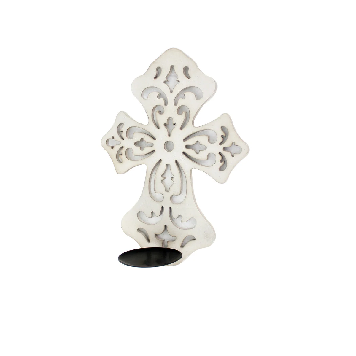 Benzara Cross Shaped Wooden Candle Holder with Scrolled Engravings, White