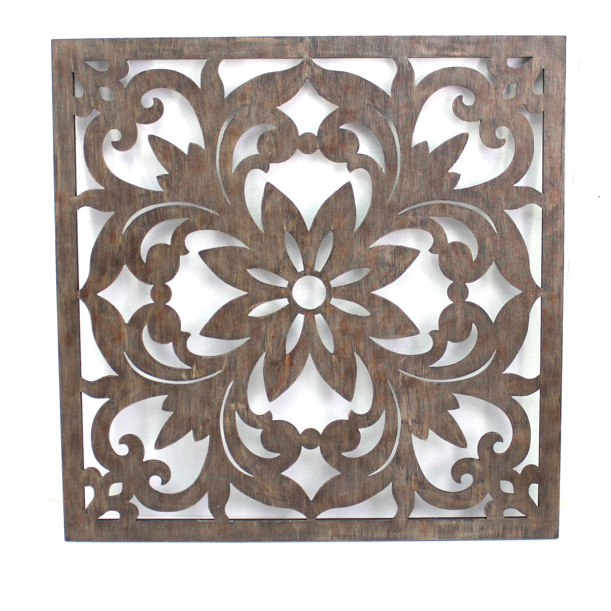 Benzara Traditional Square Shape Wooden Wall Decor with Floral Engraving, Brown