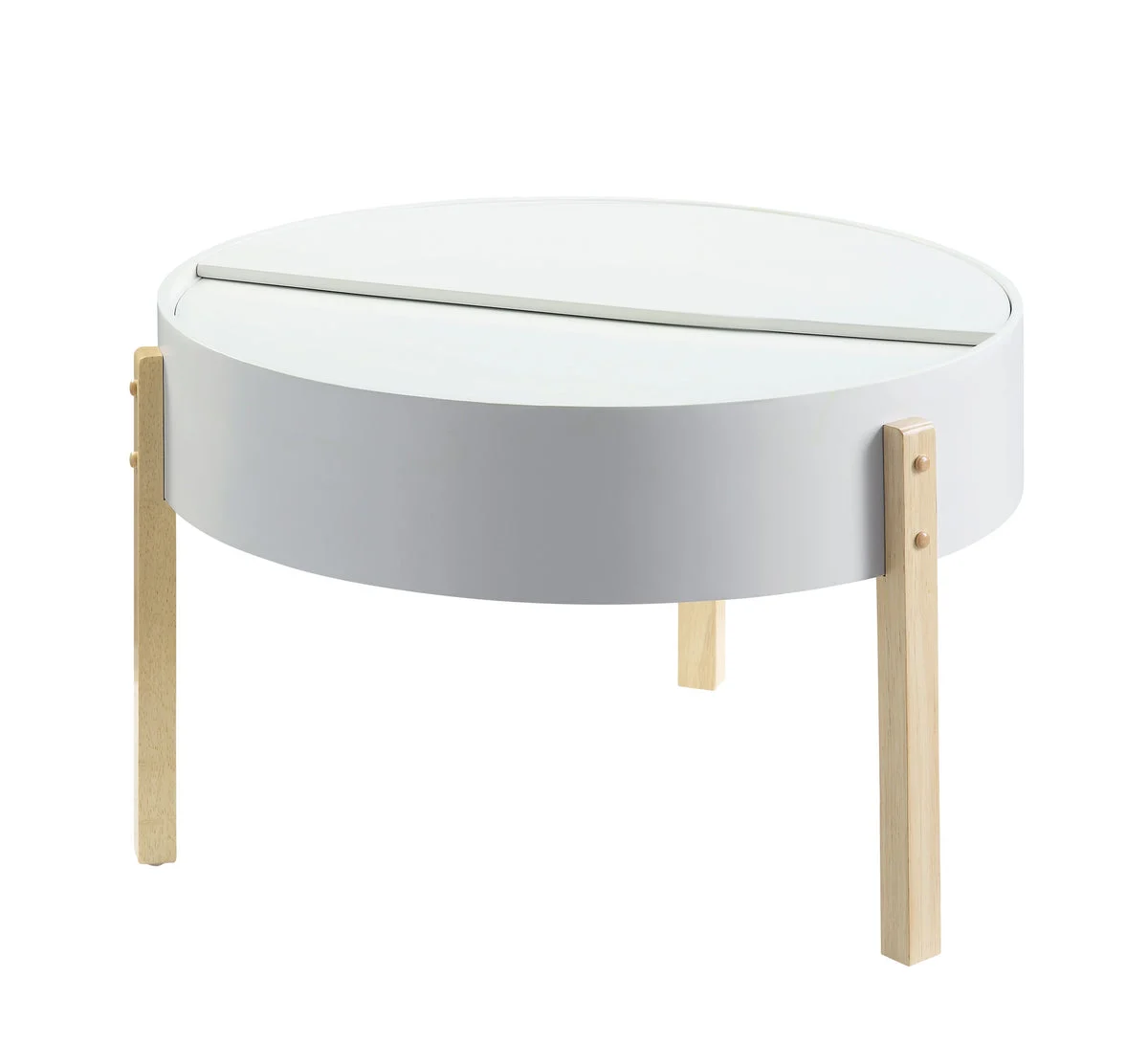 Benzara Round Wooden Coffee Table with Hidden Storage, White and Brown