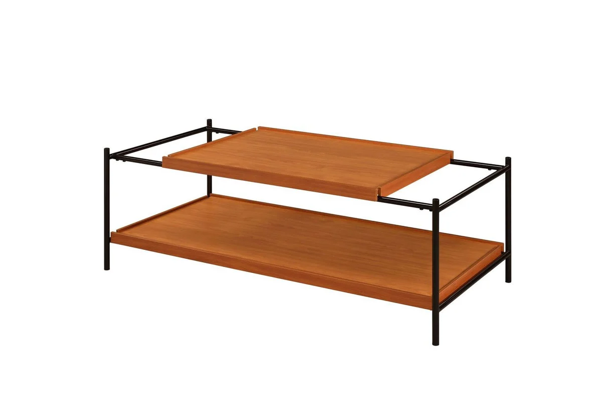 Benzara Rectangular Wooden Top Metal Frame Coffee Table, Oak Brown and Black