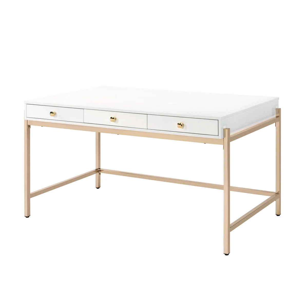 Benzara Wooden Desk with 3 Drawers and Metal Frame, Glossy White and Gold