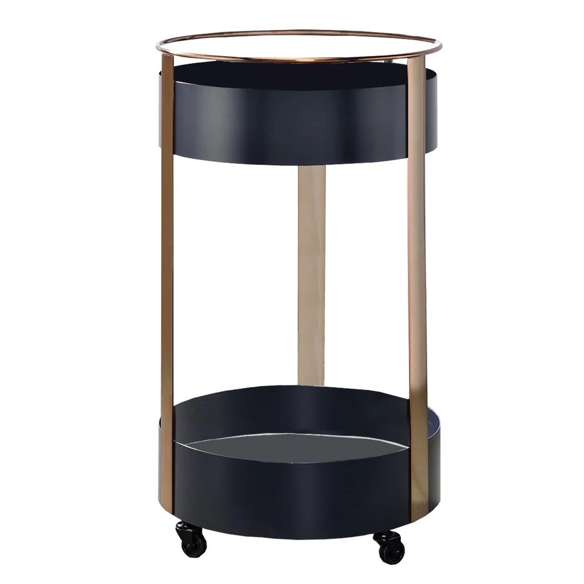 Benzara Round Metal Frame Serving Cart with Casters and Open Shelf, Black and Gold