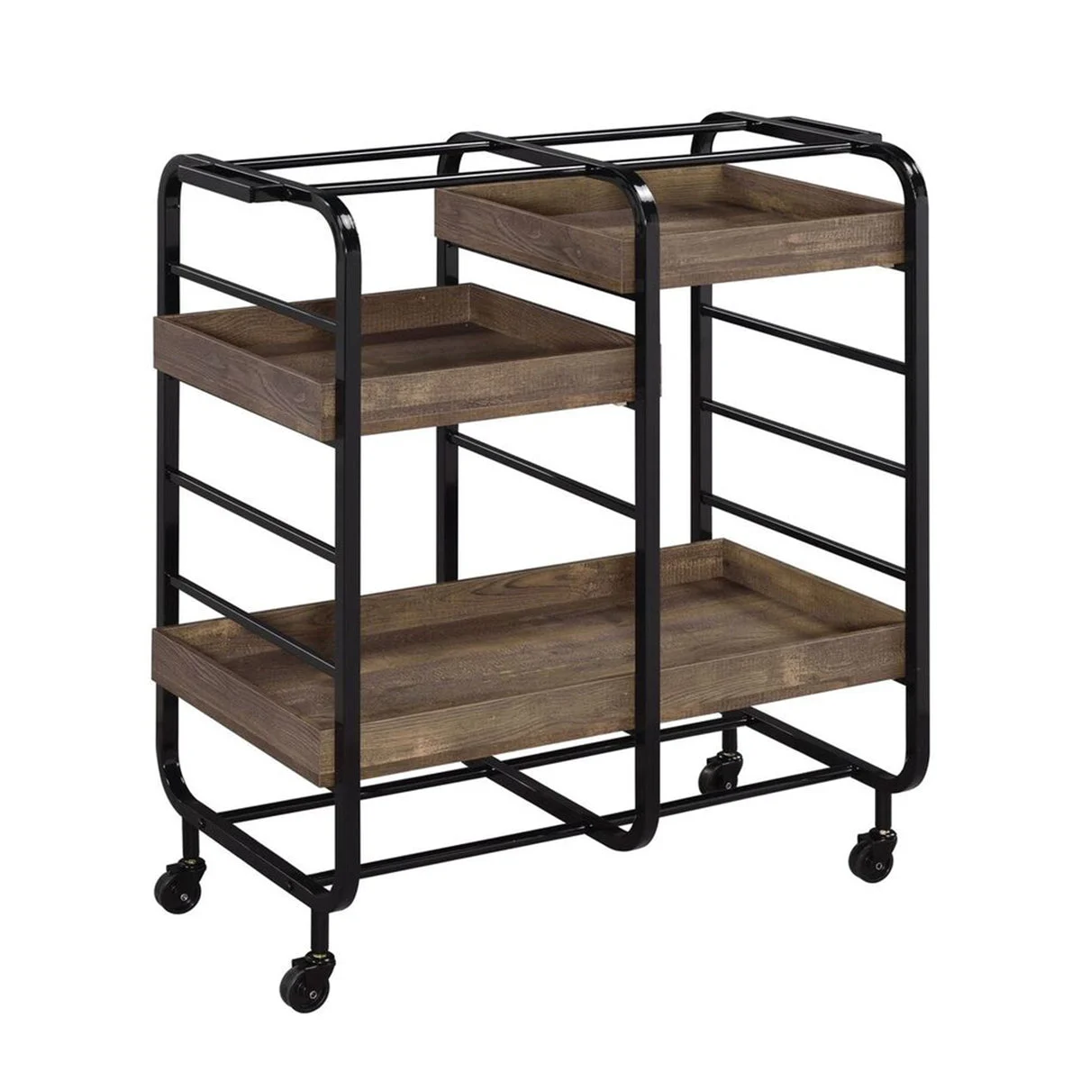 Benzara Metal Frame Serving Cart with 3 Open Storage and Casters, Brown and Black