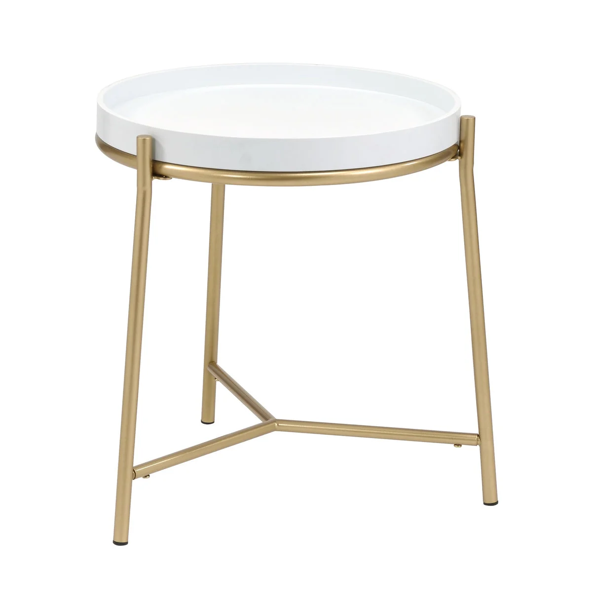 Benzara Metal Frame End Table with Round Wooden Tray Top, White and Gold