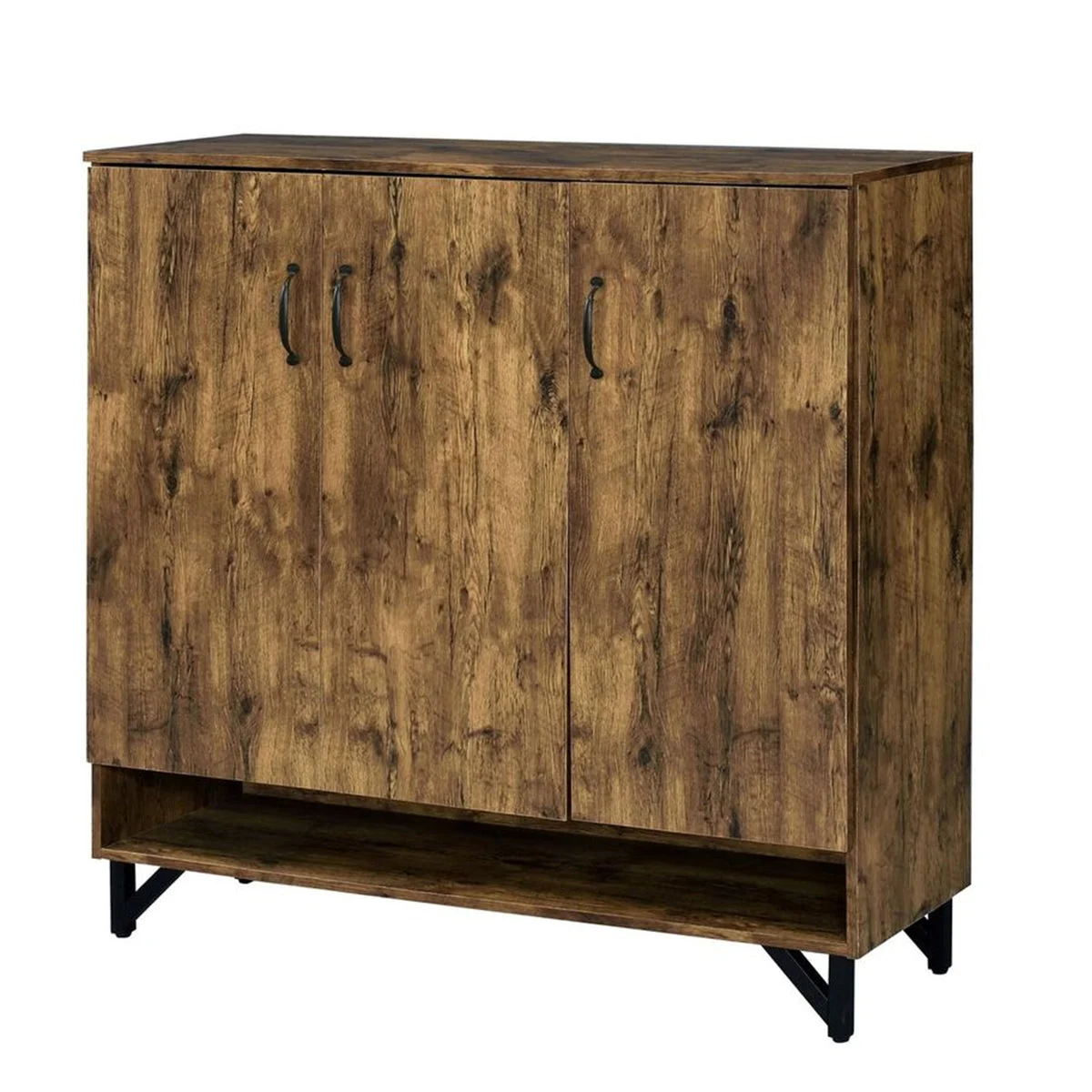 Benzara 3 Door Wooden Shoe Cabinet with 5 Storage Compartments and V Legs, Brown