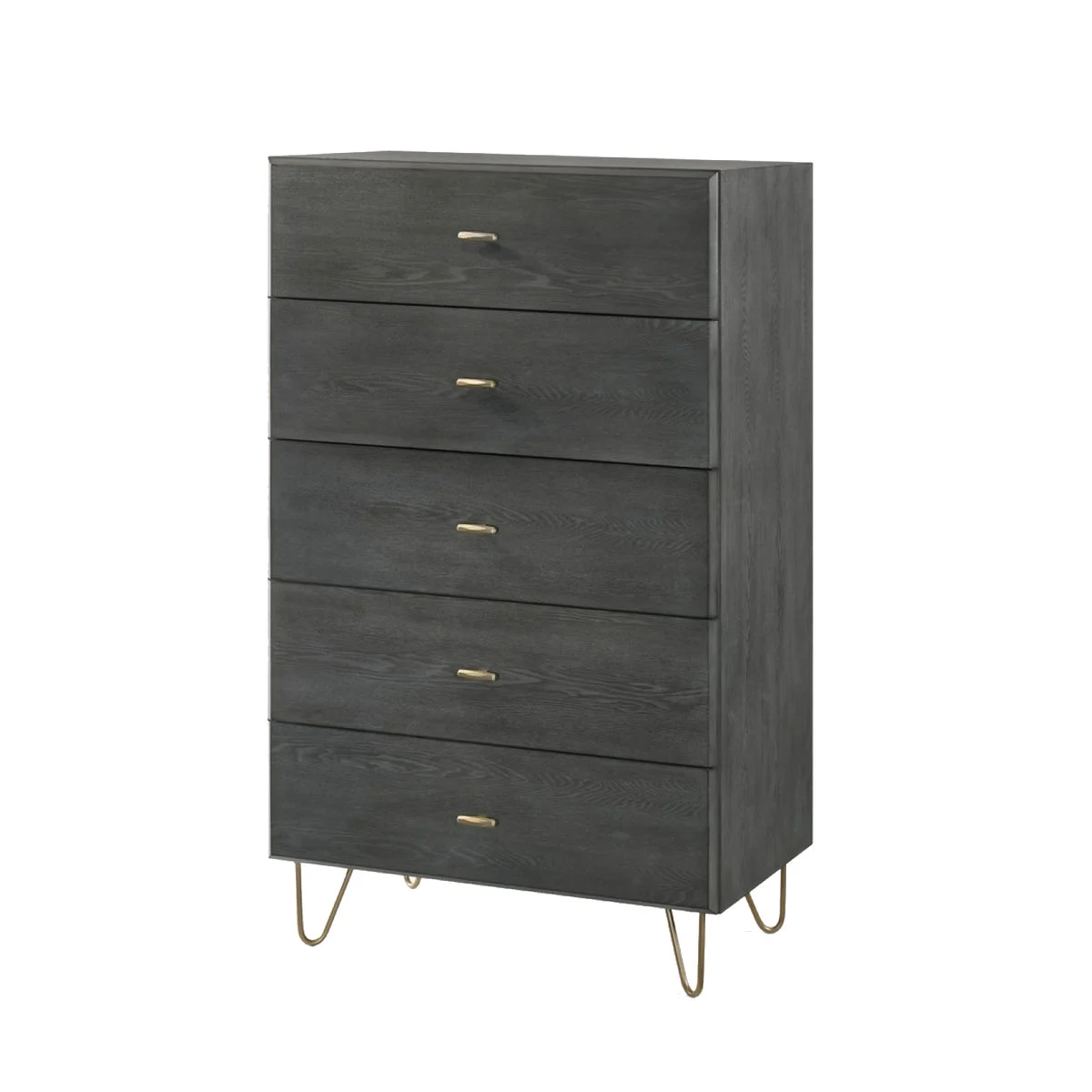 Benzara 5 Drawer Wooden Chest with Metal Hairpin Legs, Gray and Gold