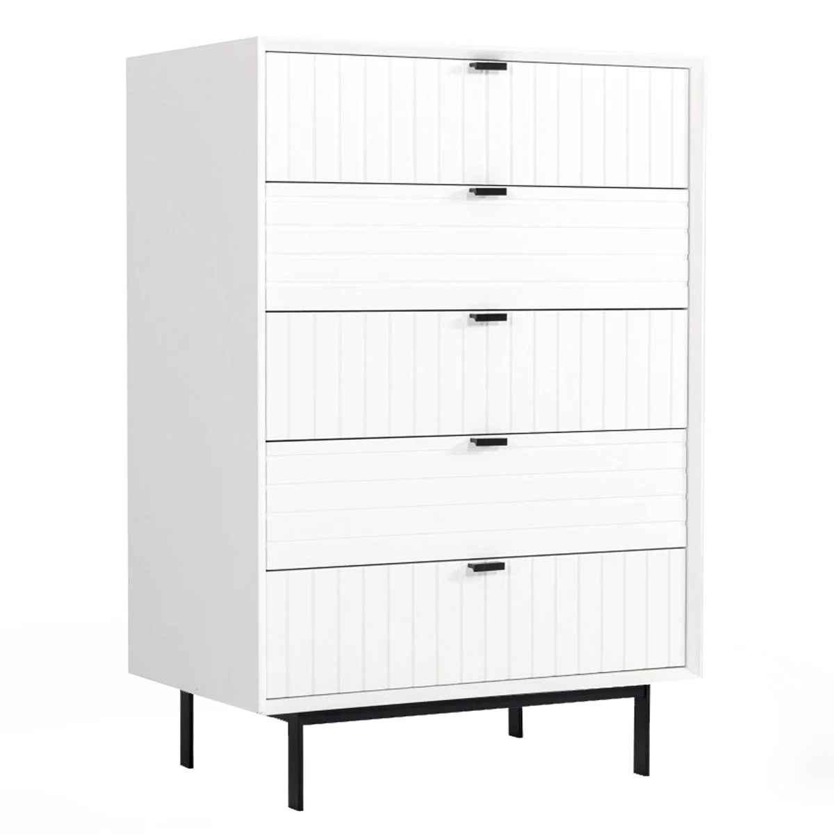 Benzara Wooden 5 Drawer Chest with Bar Pulls and Metal Straight Legs, White