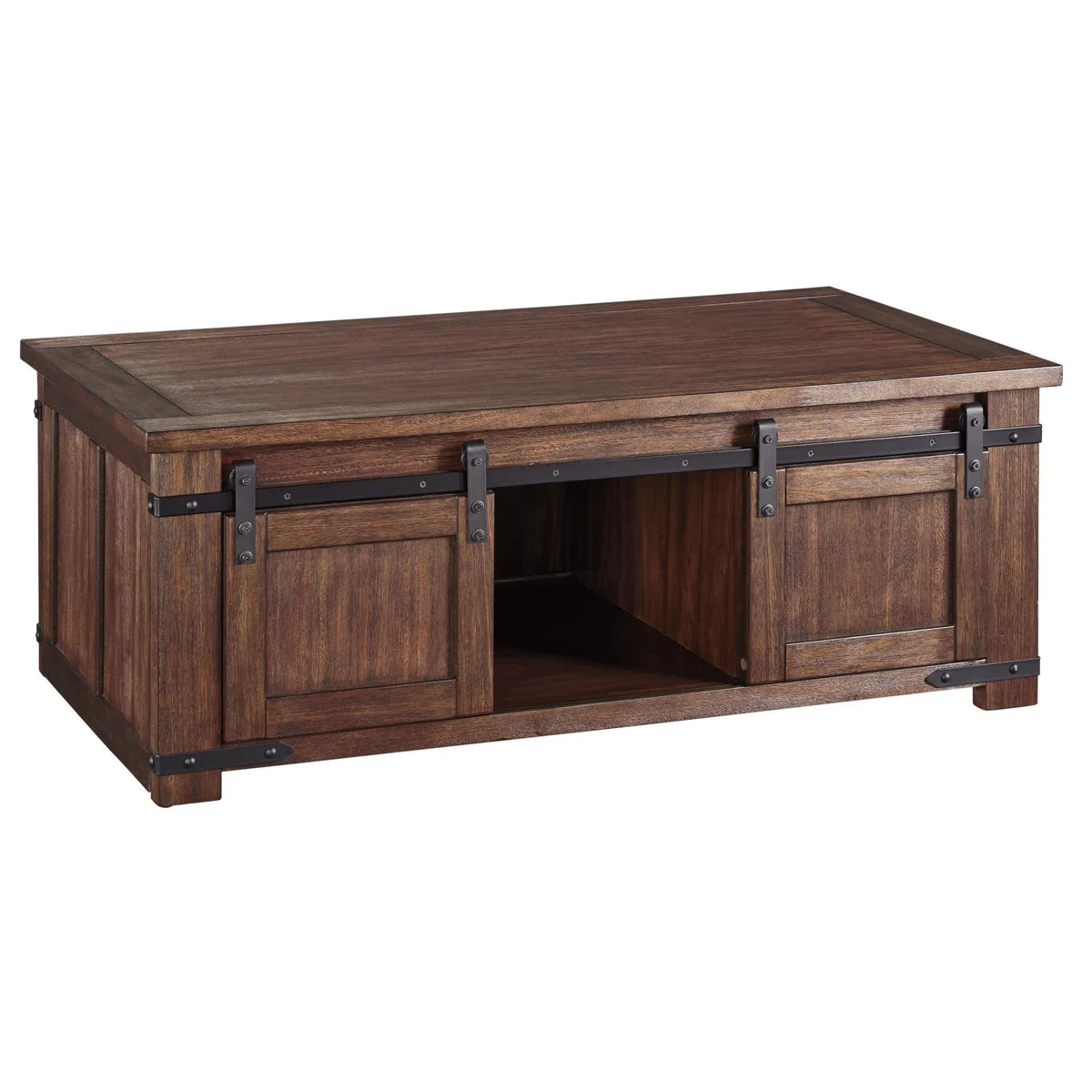 Benzara Rectangular Wooden Cocktail Table with 2 Barn Sliding Door Cabinets, Brown