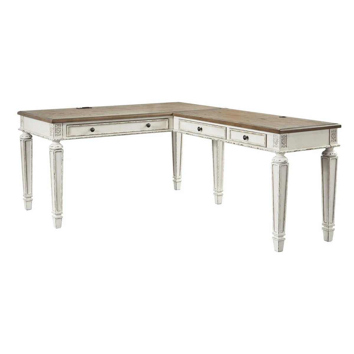 Benzara Transitional Wooden Office Desk with Carvings and Drawers, White and Brown