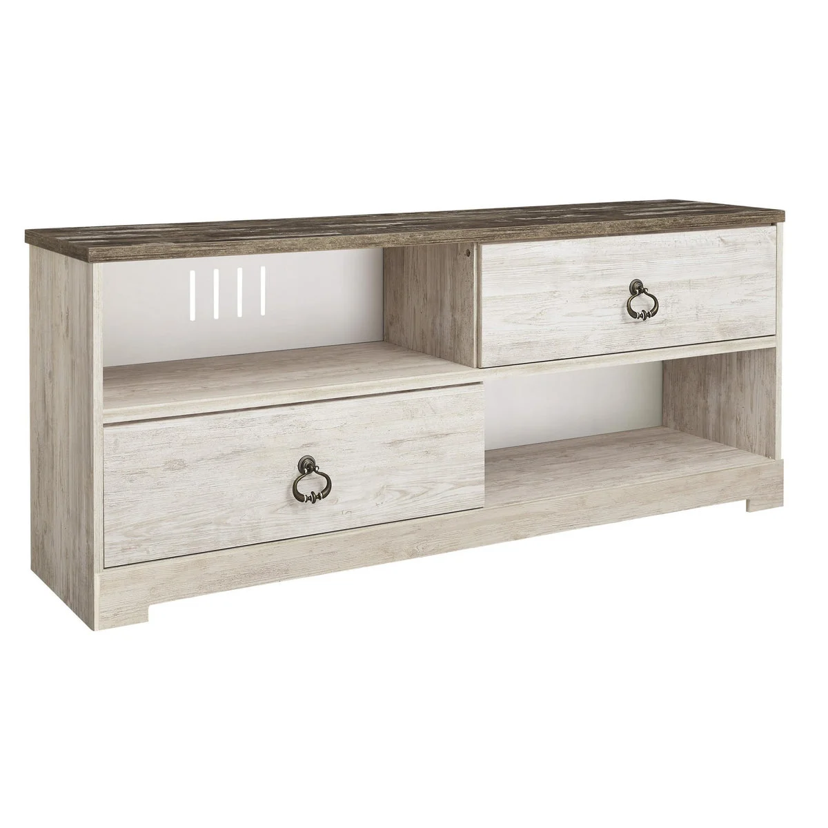 Benzara Wooden TV Stand with 4 Cubbies and 2 Sliding Doors, White and Brown
