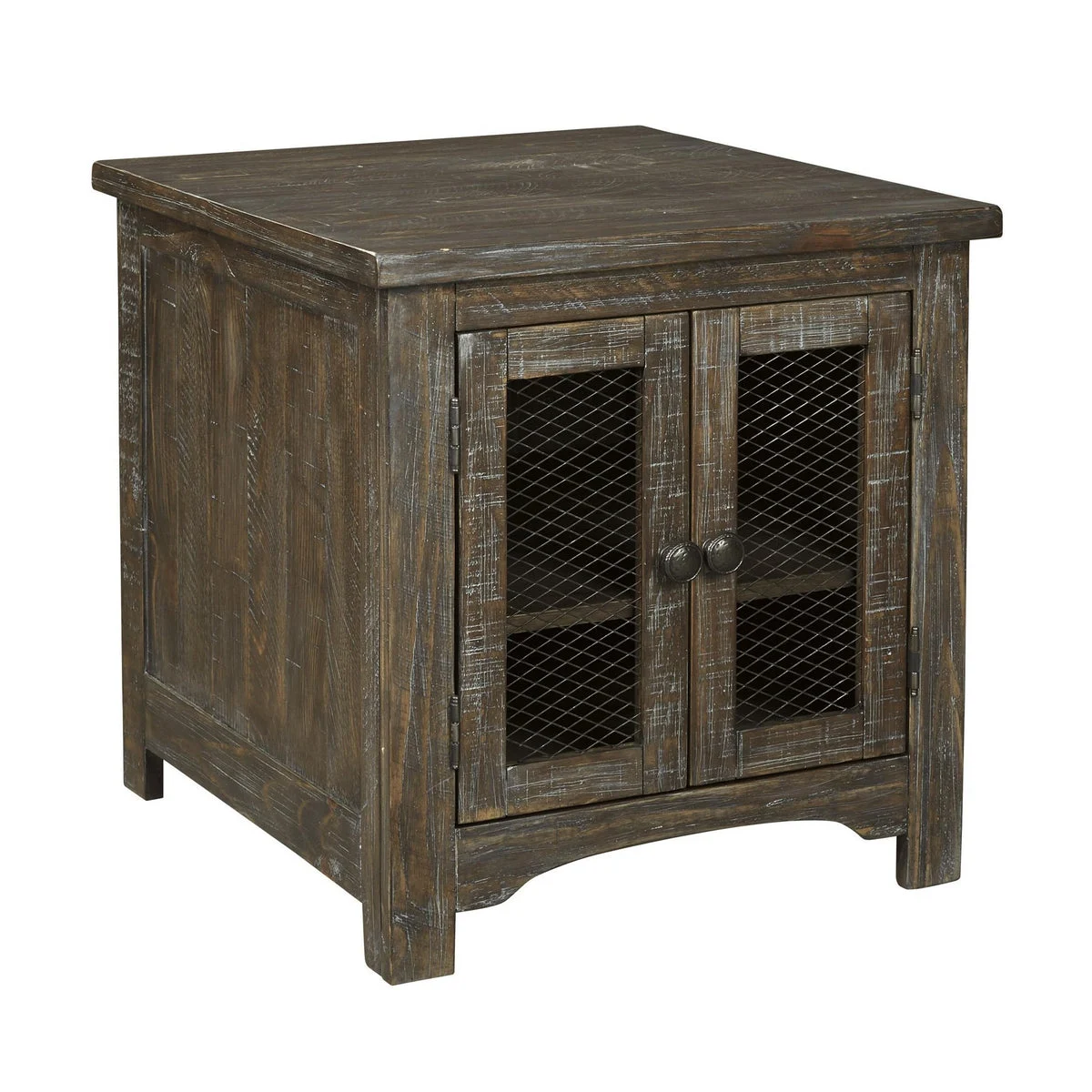 Benzara Wooden End Table with Wire Mesh Cabinet and Adjustable Shelf, Brown