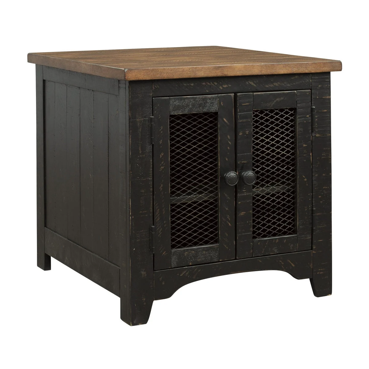 Benzara Two Tone Wooden End Table with Metal Grill Cabinet, Brown and Black