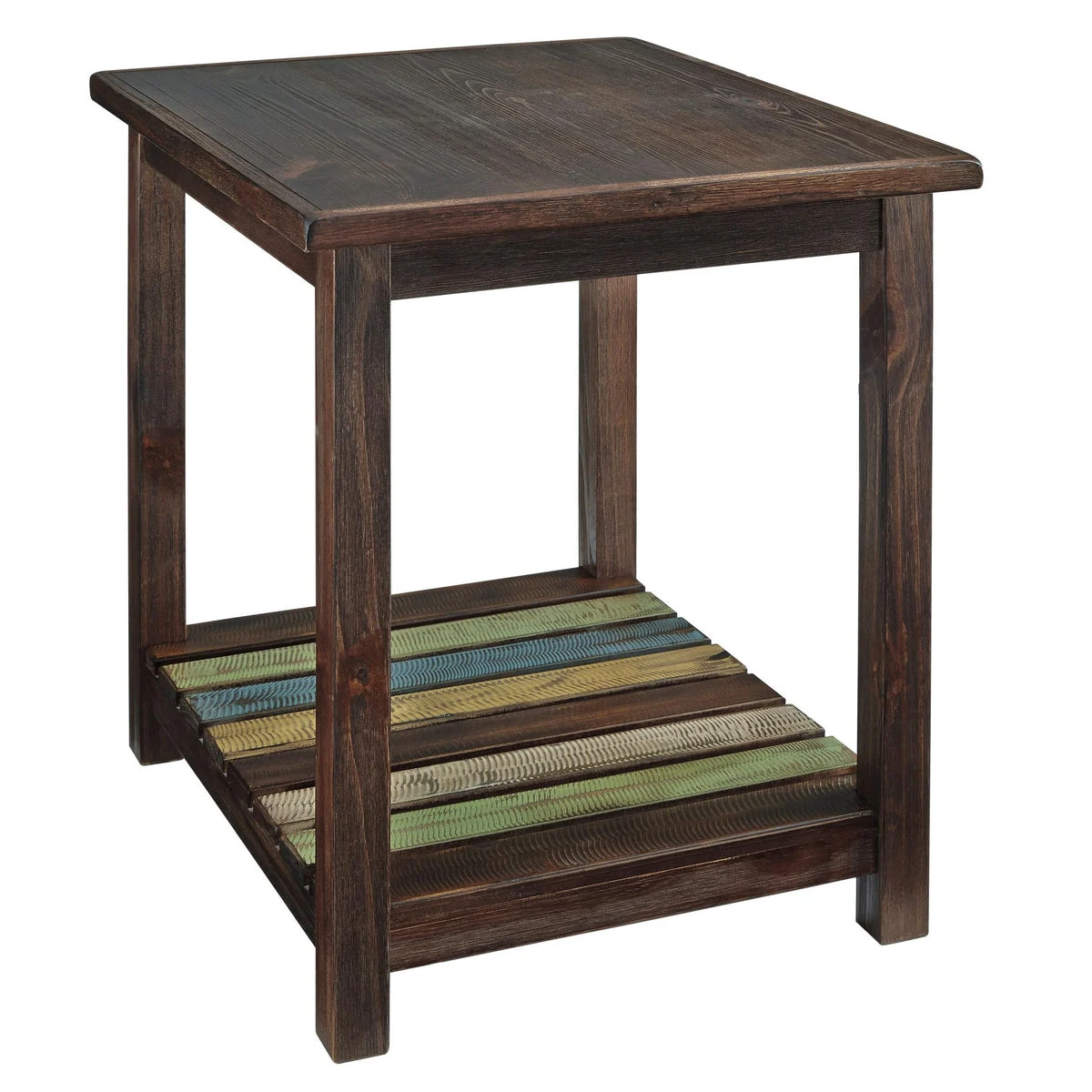 Benzara Wooden End Table with Slated Open Bottom Shelf and Block Legs, Brown