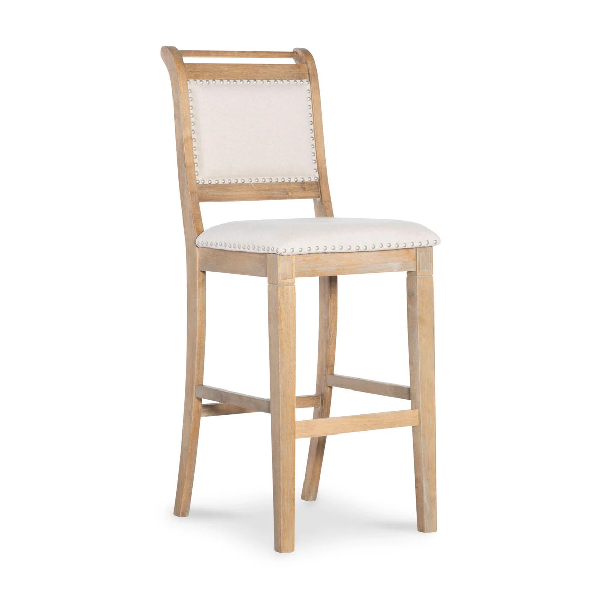 Benzara Nailhead Trim Fabric Upholstered Wooden Frame Bar Stool, Beige and Brown