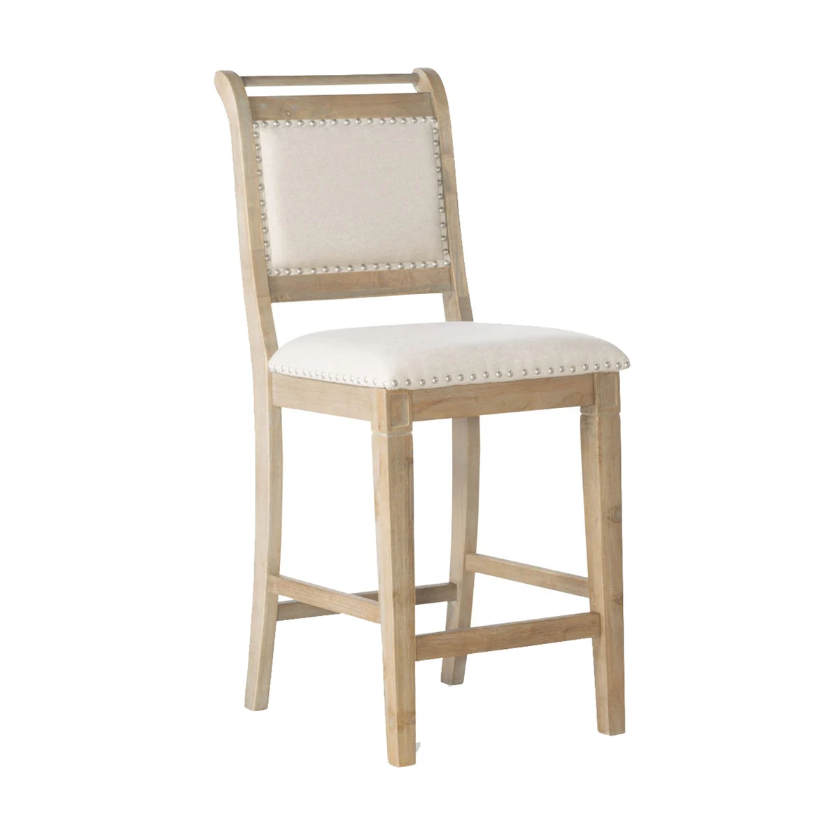 Benzara Nailhead Trim Fabric Upholstered Wooden Counter Stool, Beige and Brown