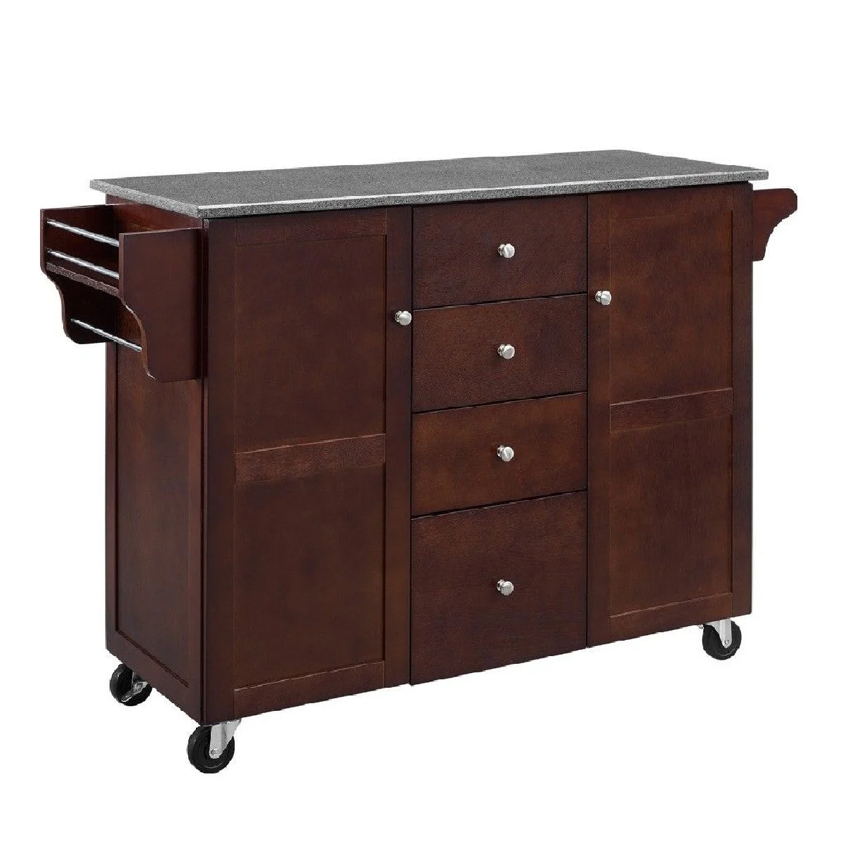 Benzara Marble Top Wooden kitchen Cart with 4 Drawers and 2 Doors, Brown and Gray