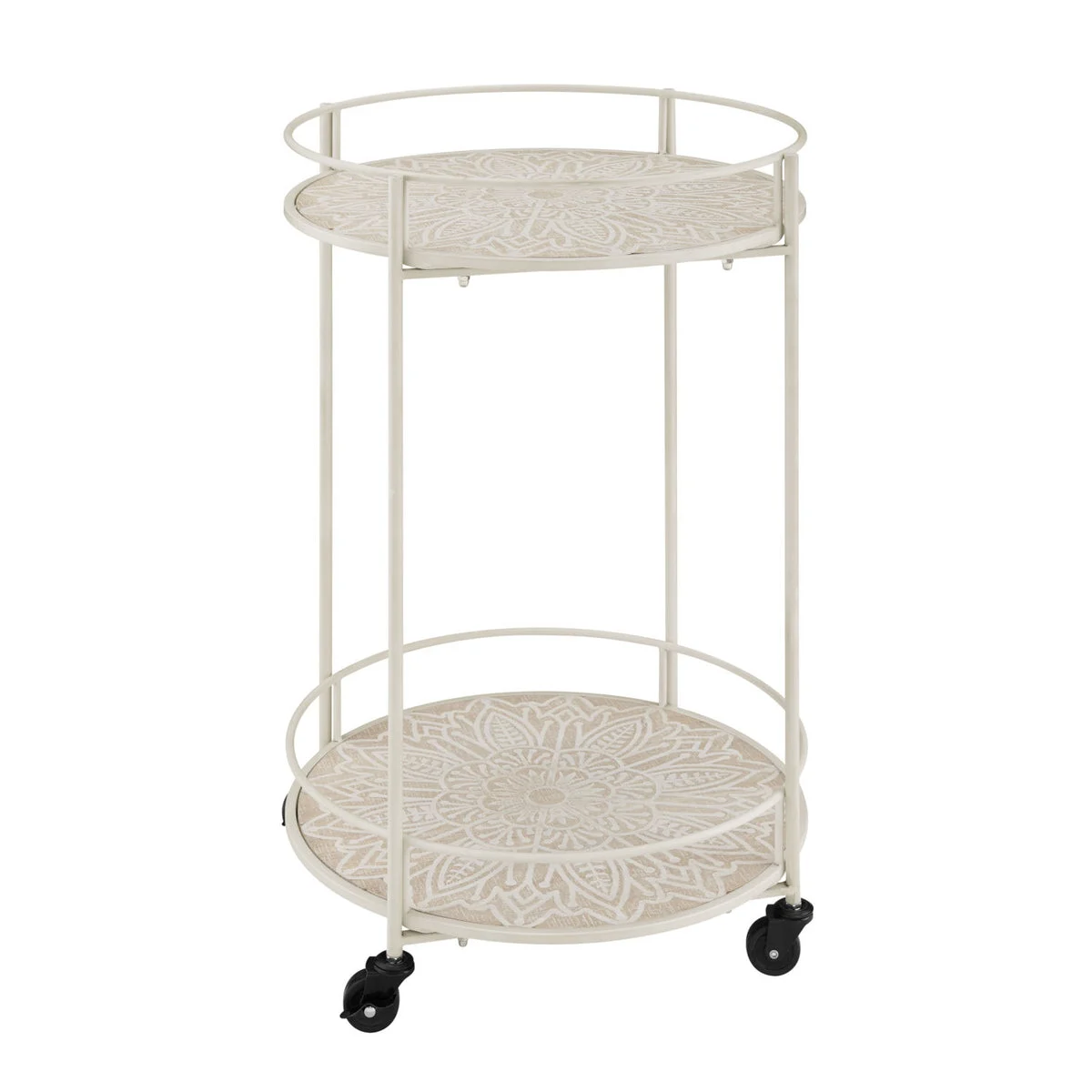 Benzara 2 Tier Round Metal Frame Bar Cart with Medallion Engraving, White and Beige