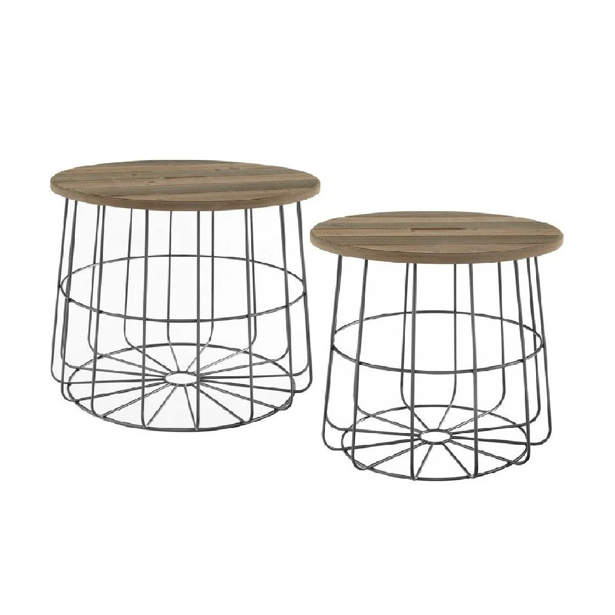 Benzara Round Wooden Top Open Metal Nesting Basket Table, Set of 2, Brown and Gray
