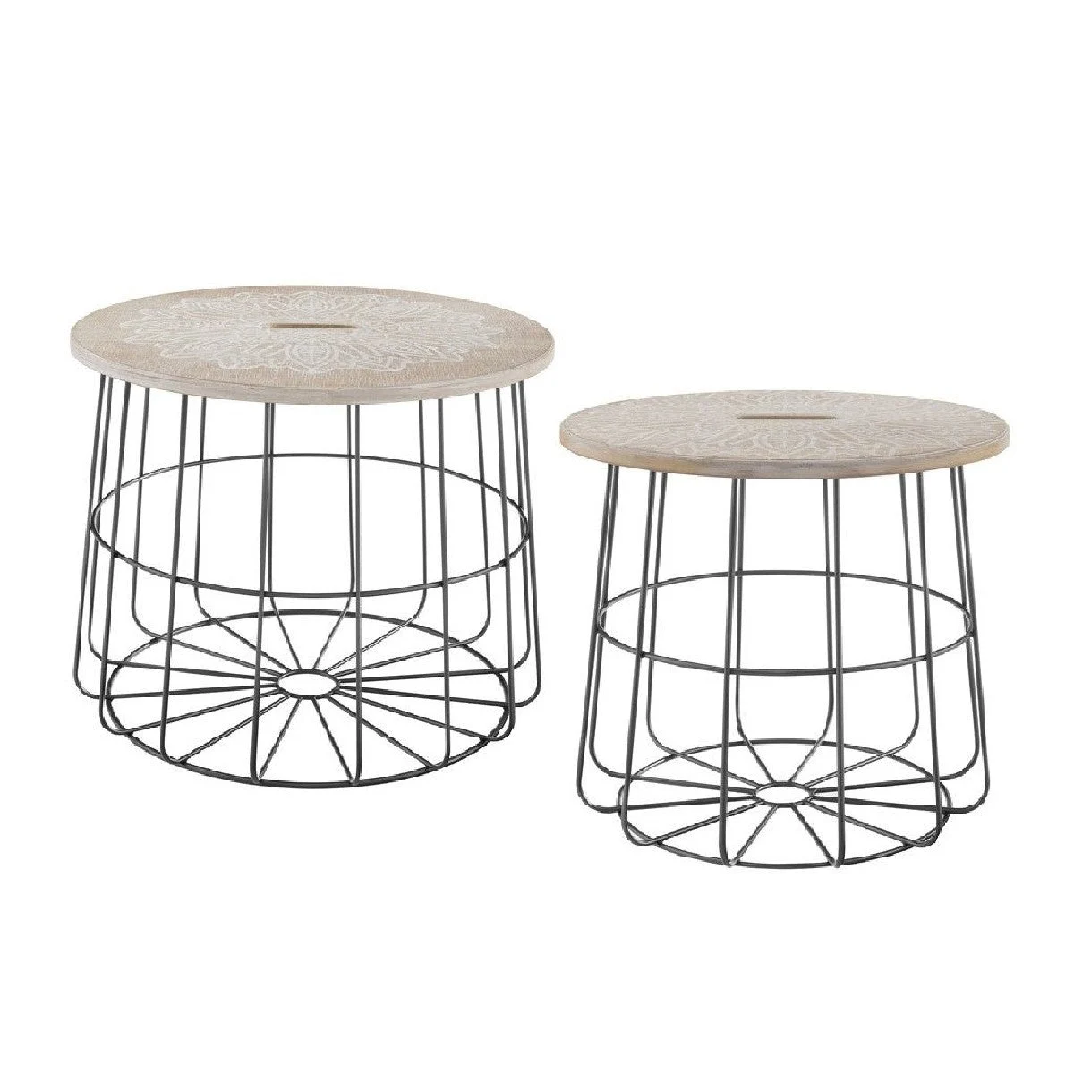 Benzara Medallion Engraved Wooden Top Basket Table, Set of 2, Beige and Gray