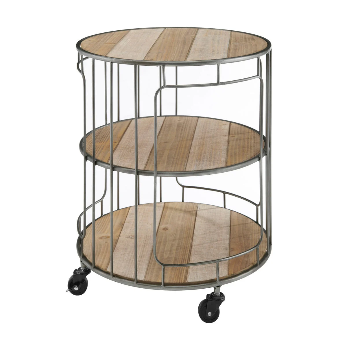 Benzara 3 Tier Wood and Metal Frame Rolling Cart with Casters, Brown and Silver