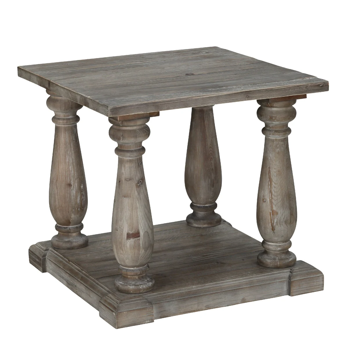 Benzara Reclaimed Wood Frame Side with Pillar Leg Base and Open Shelf, Light Gray
