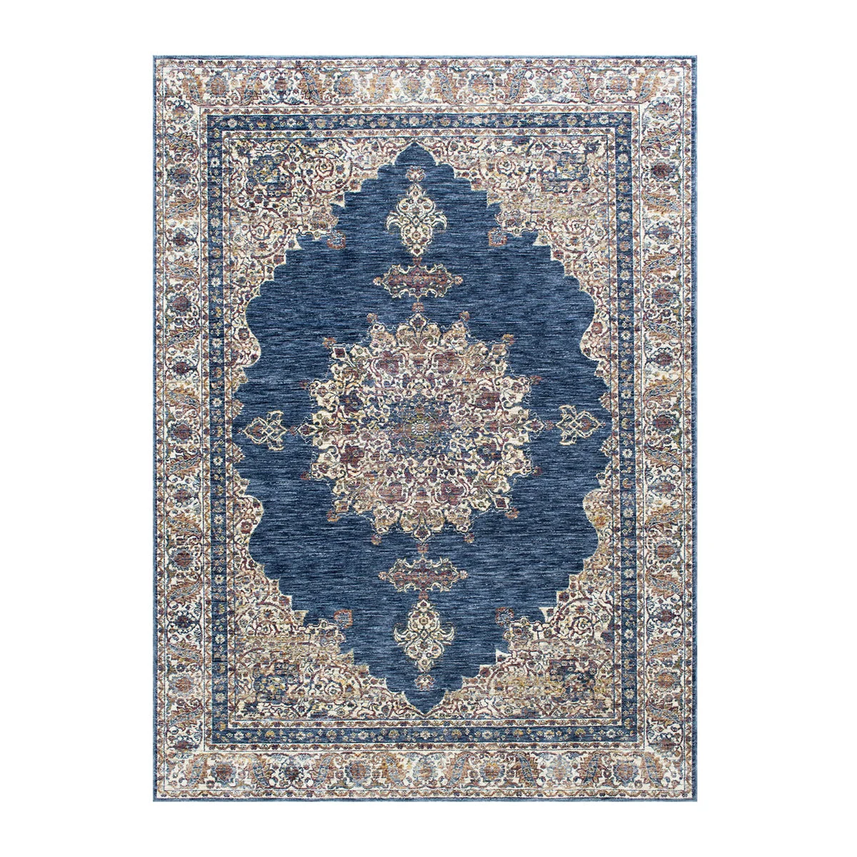 Benzara 7 X 5 Feet Polyester Rug with Intricate Medallion Pattern, Blue and Beige