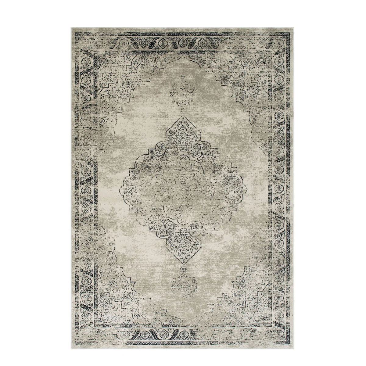 Benzara 7 X 5 Feet Worn Aged Polypropylene Rug with Medallion Pattern, Gray