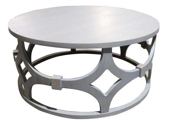 Benzara Round Coffee Table with Wooden Top and Geometrical Metal Frame, Light Gray